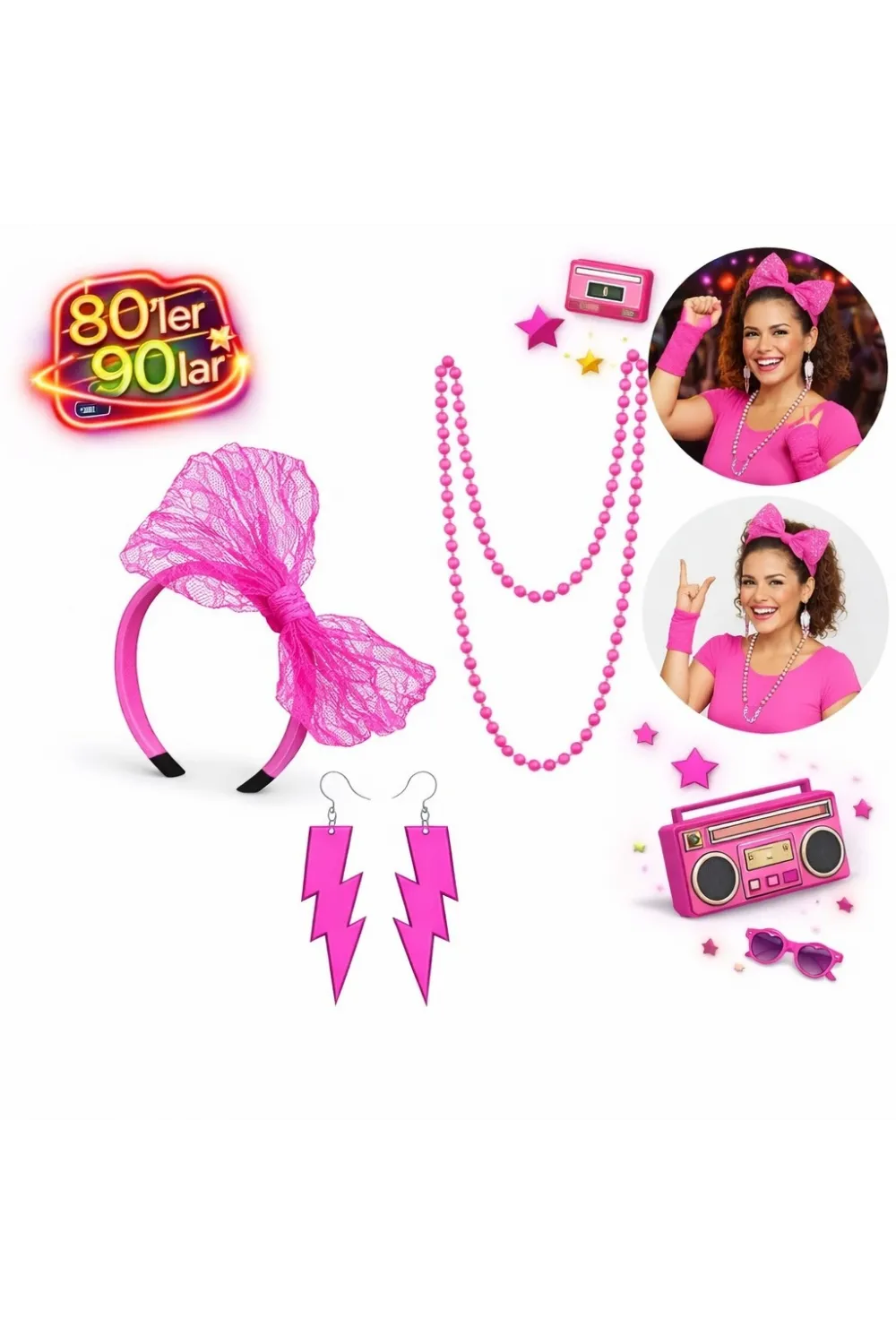 80’ler 90’lar Neon Pembe Parti Seti – Kolye Küpe Taç