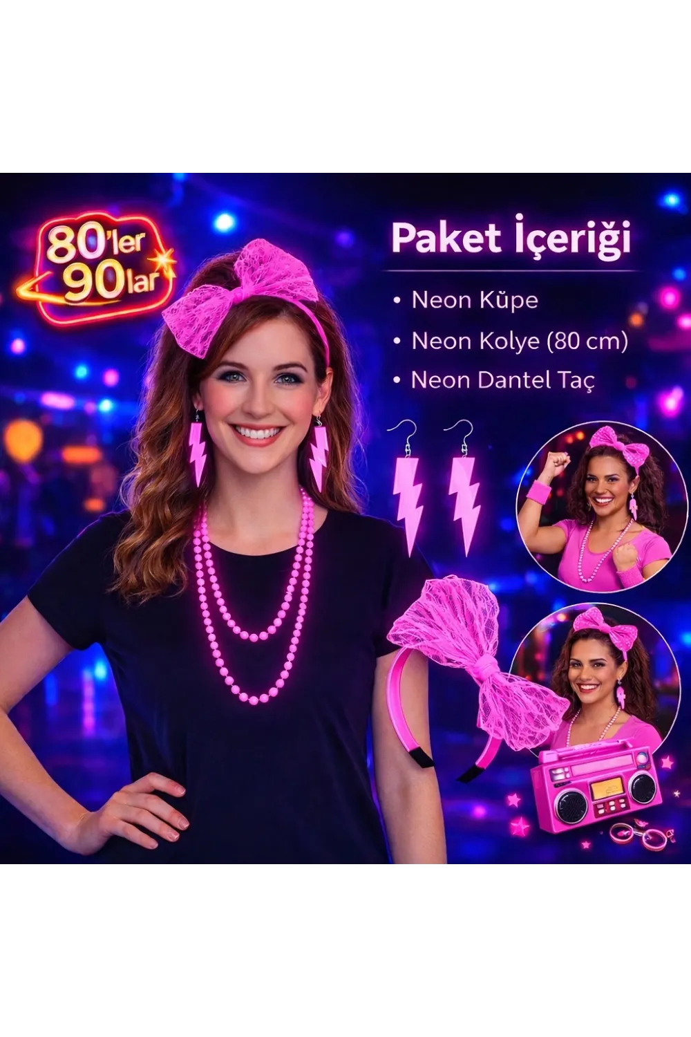 80’ler 90’lar Neon Pembe Parti Seti – Kolye Küpe Taç