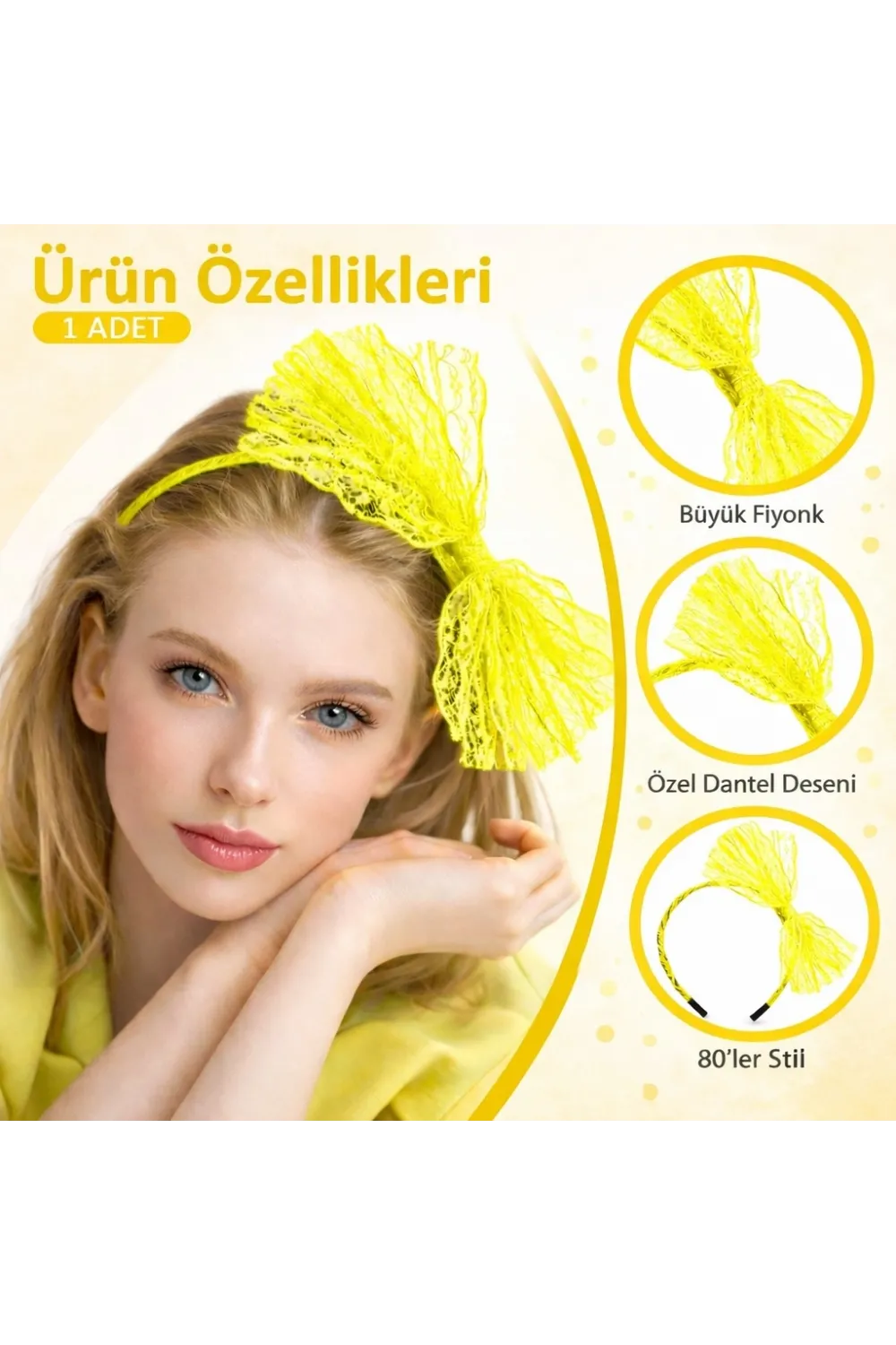 80’ler 90’lar Neon Sarı Dantel Taç Fiyonklu