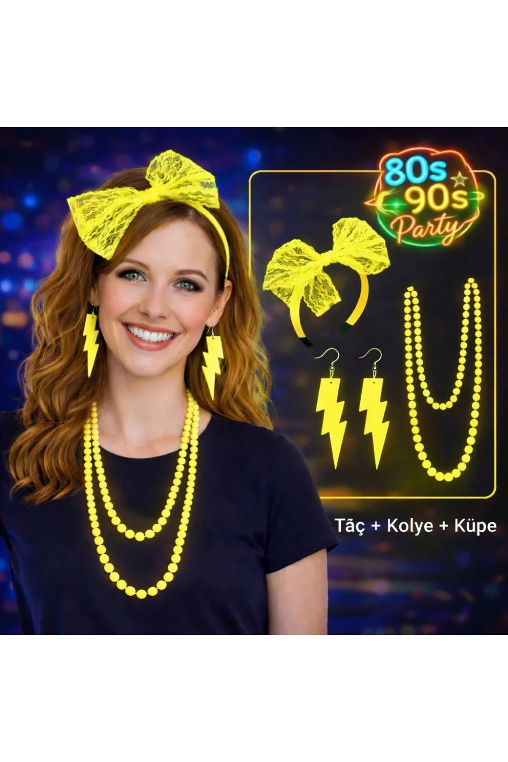 80’ler 90’lar Neon Sarı Parti Seti – Kolye Küpe Taç