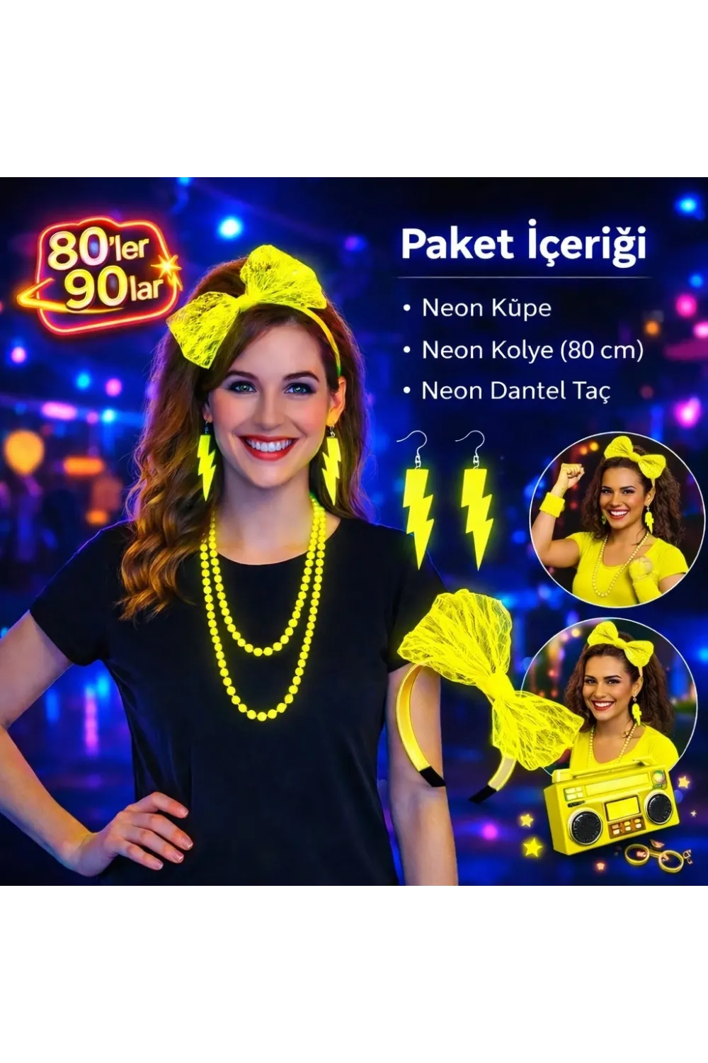 80’ler 90’lar Neon Sarı Parti Seti – Kolye Küpe Taç