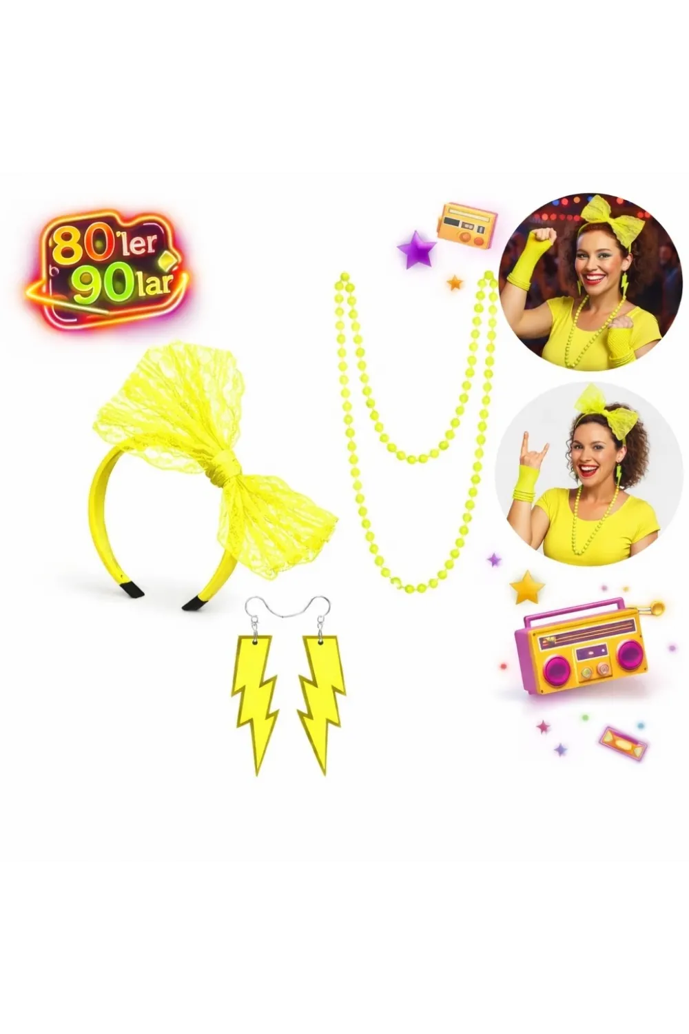 80’ler 90’lar Neon Sarı Parti Seti – Kolye Küpe Taç