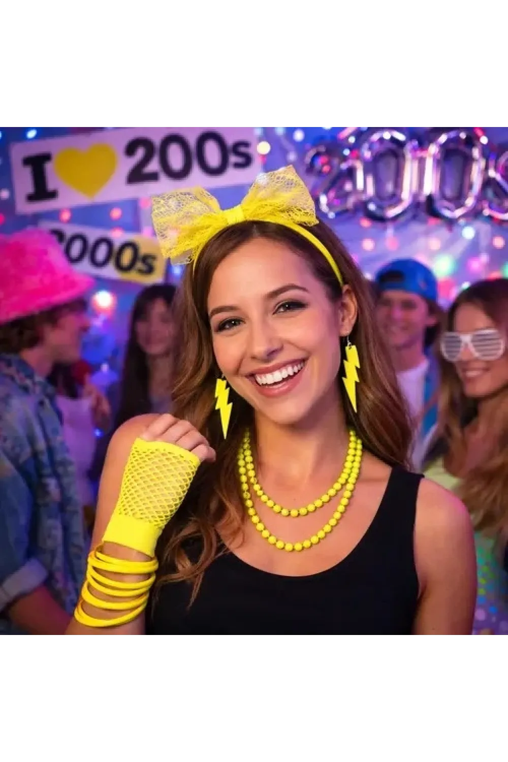 80’ler 90’lar Neon Sarı Parti Seti – Kolye Küpe Taç