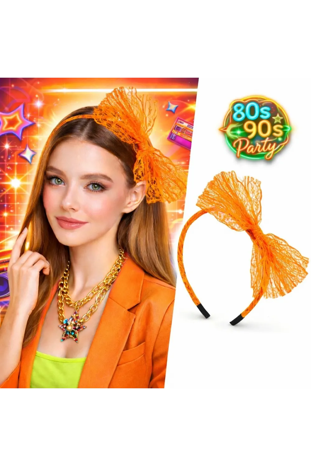 80’ler 90’lar Neon Turuncu Dantel Taç Fiyonklu