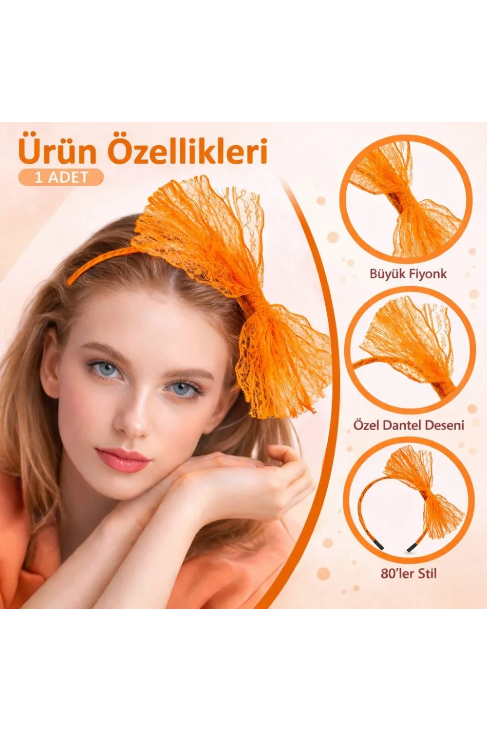 80’ler 90’lar Neon Turuncu Dantel Taç Fiyonklu