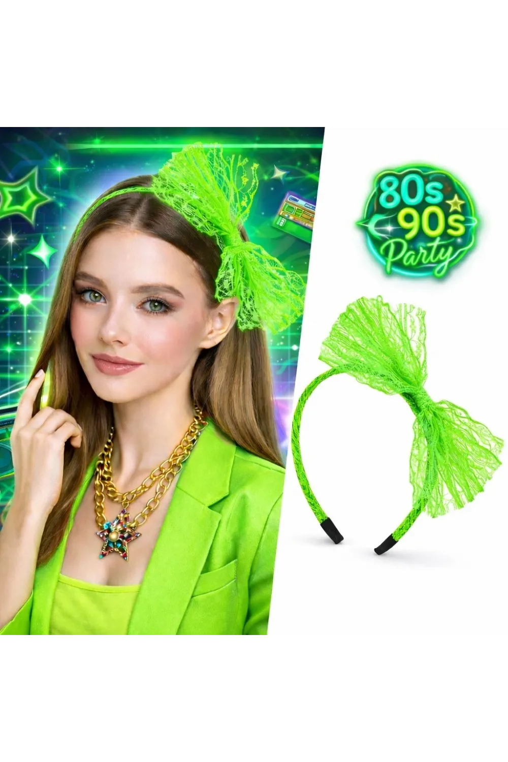 80’ler 90’lar Neon Yeşil Dantel Taç Fiyonklu
