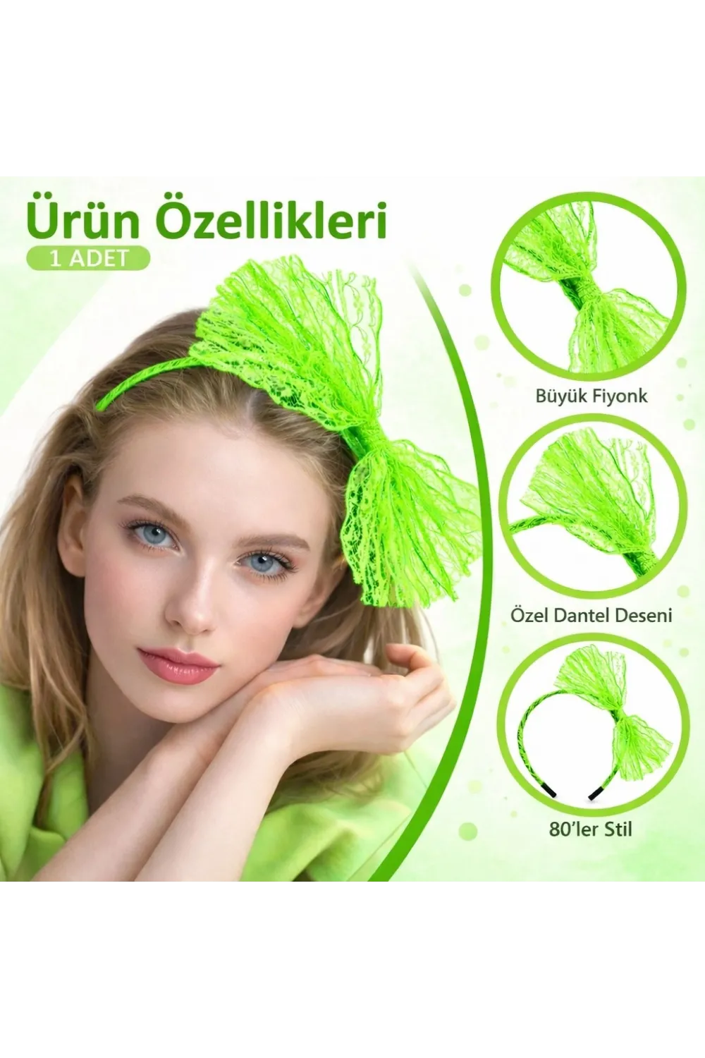 80’ler 90’lar Neon Yeşil Dantel Taç Fiyonklu