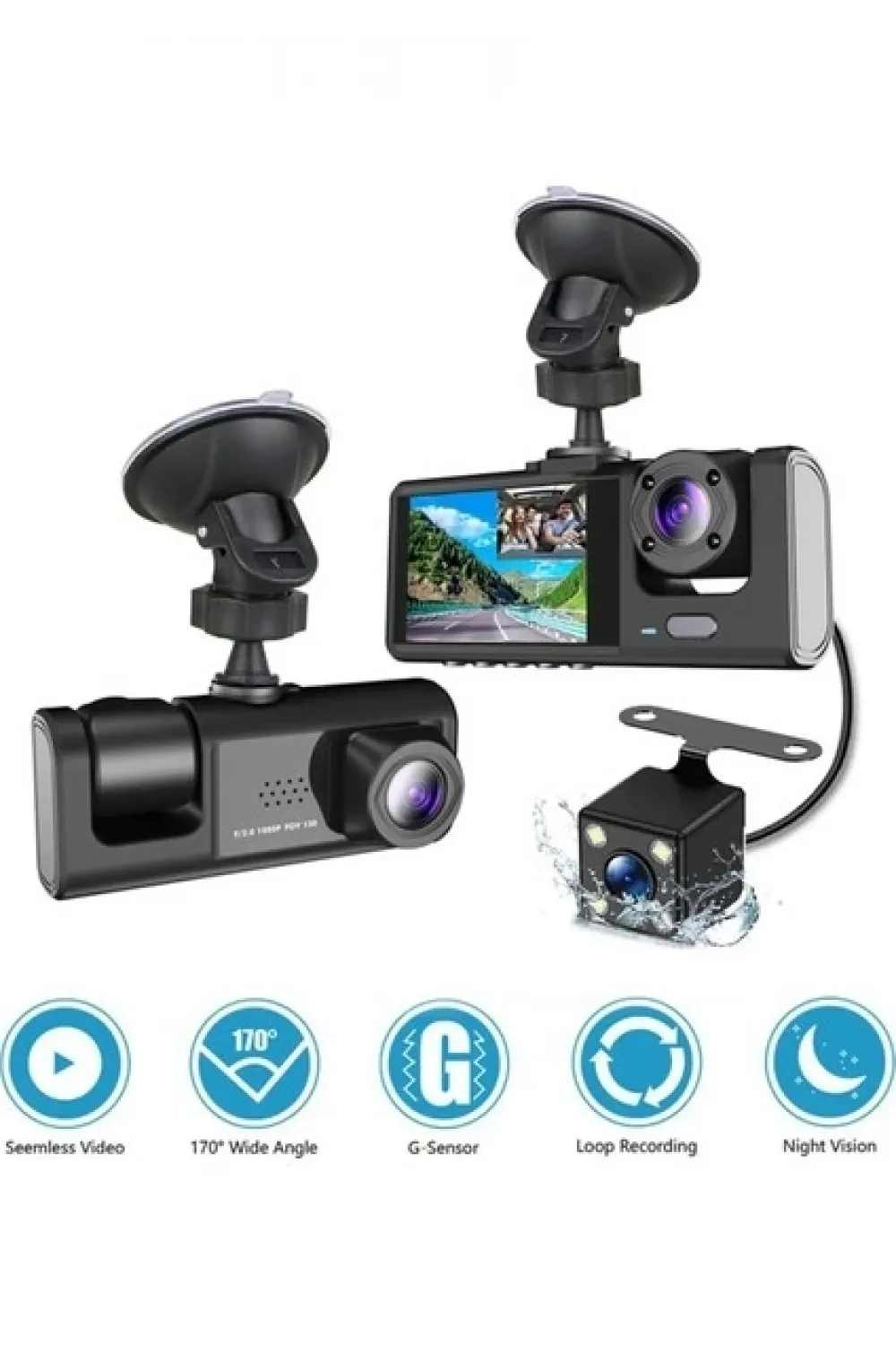 A98 Tipi Wifi Full Hd 3 Kameralı Araç İçi Güvenlik Kamerası Gece Görüşlü G Sensörlü