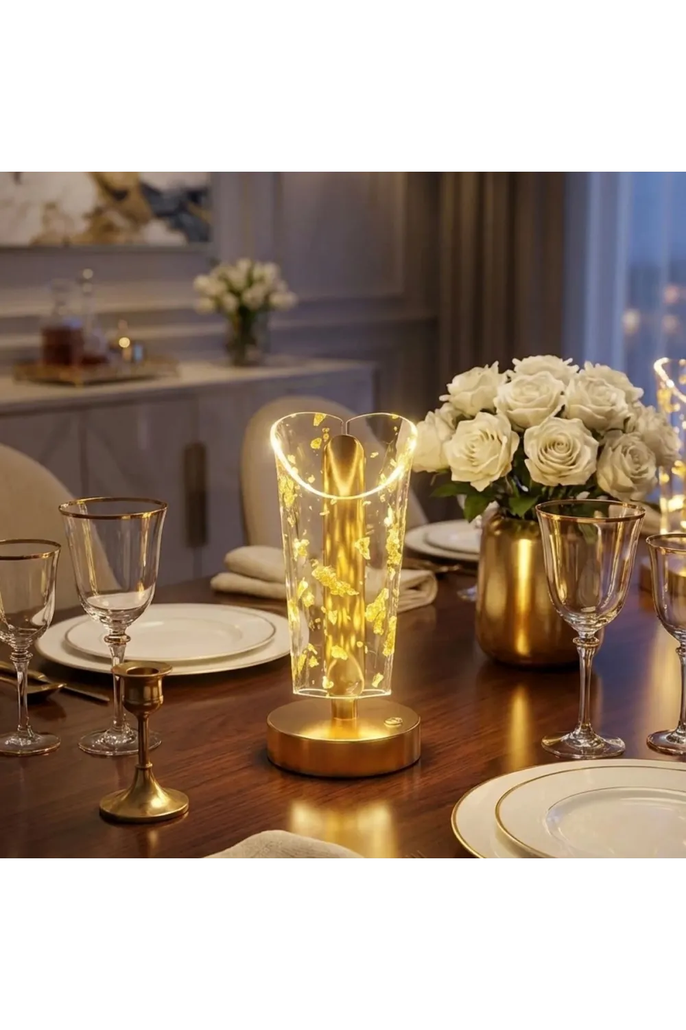 Açık Silindirik Kristal Altın Toz Model Led Masa Lambası – Gold Tabanlı, Dokunmatik, 3 Renk Işık Modlu, Şarjlı Modern Dekoratif Gece Lambası