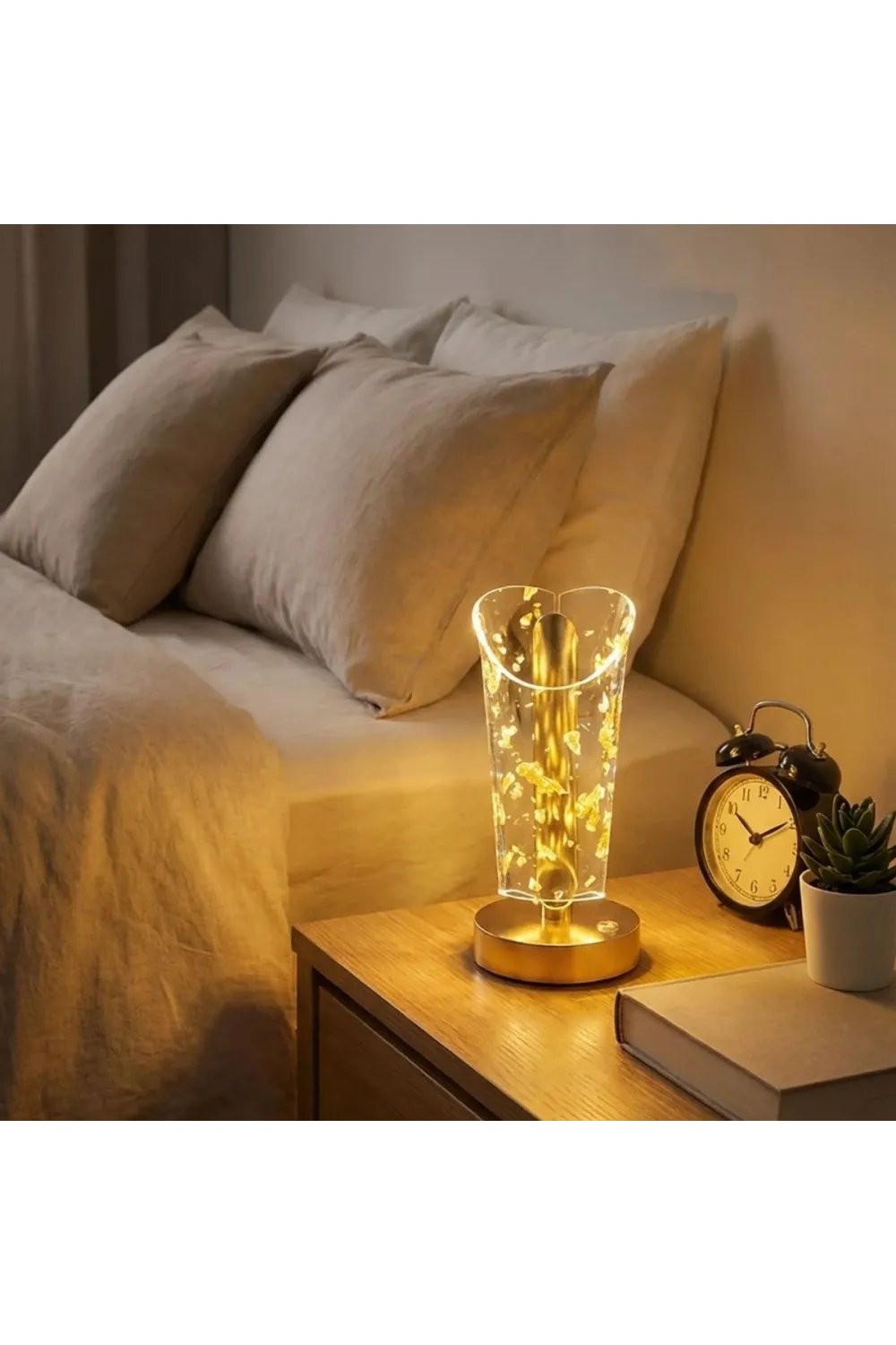 Açık Silindirik Kristal Altın Toz Model Led Masa Lambası – Gold Tabanlı, Dokunmatik, 3 Renk Işık Modlu, Şarjlı Modern Dekoratif Gece Lambası