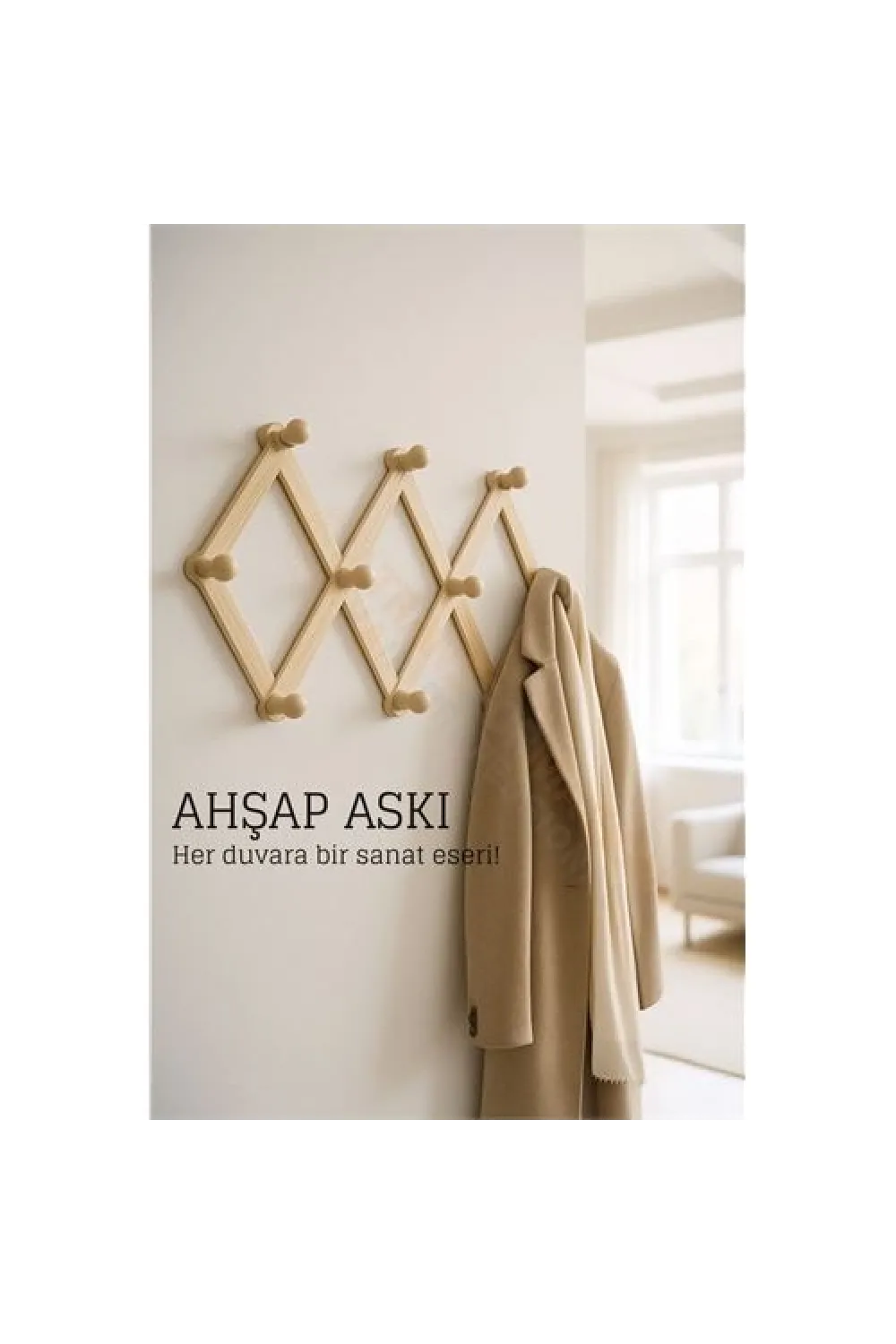 Ahşap Akordeon Duvar Askısı - Dekoratif, Çok Amaçlı, 10 Kancalı Akıllı Askılık 722371