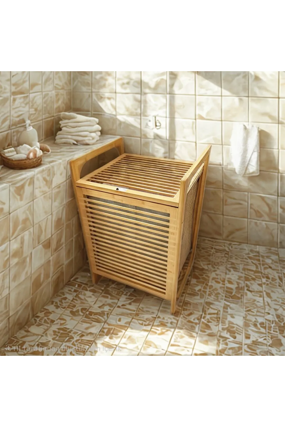 Ahşap Bambu Kirli Çamaşır Sepet Kumaş Çantalı Sepet=40x35x60cm