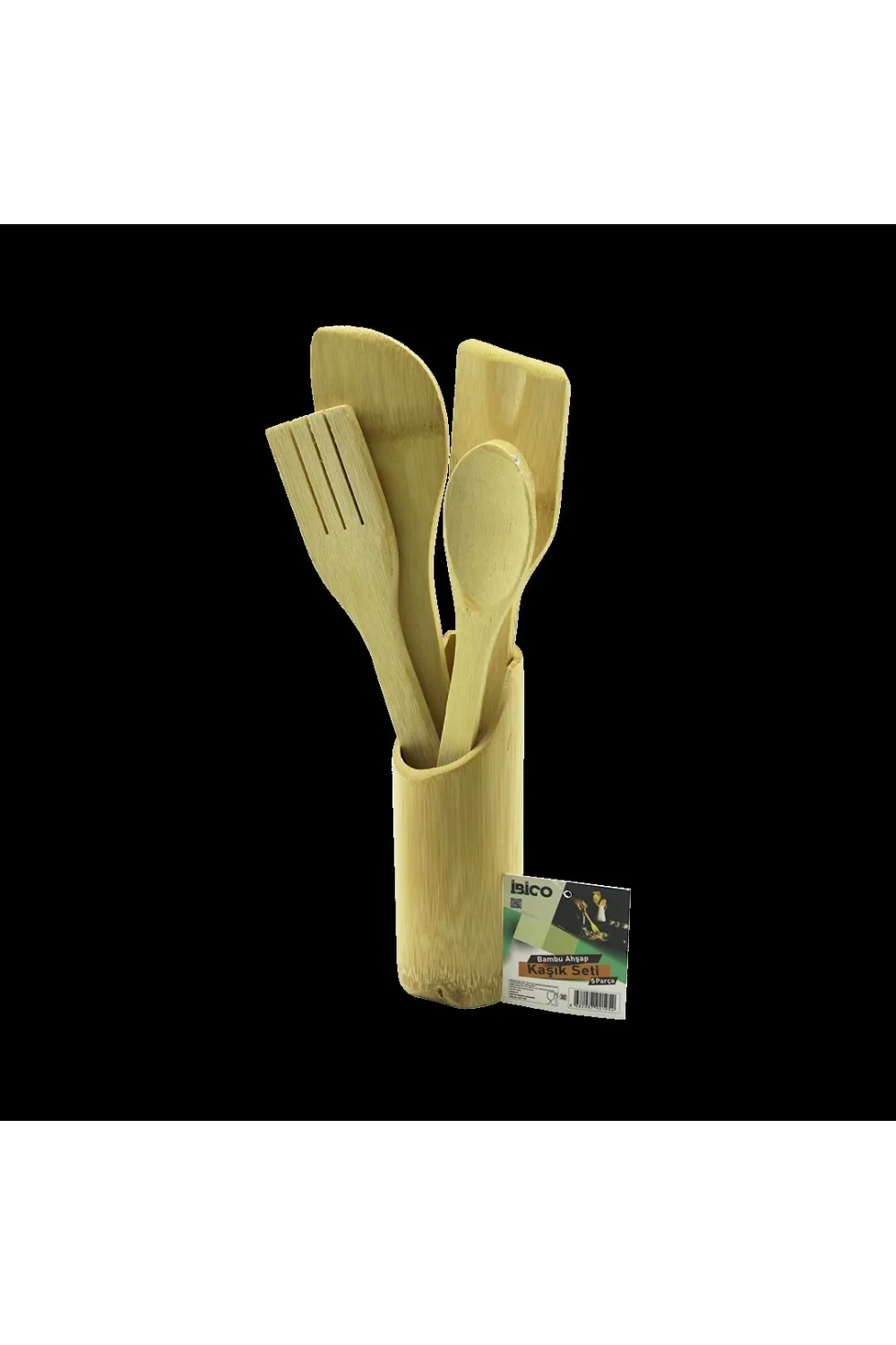 Ahşap Bambu Mutfak Servis Seti 5 Parça (Kaşık, Çatal, 2 Spatula, Stand) 27.5/30 cm