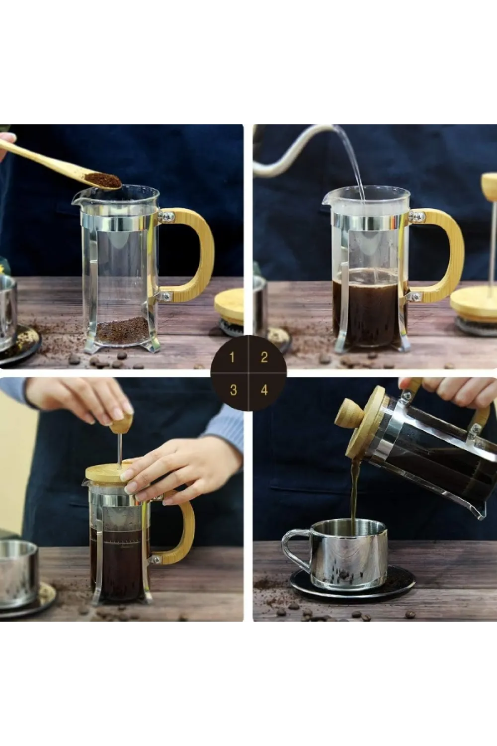 Ahşap Detaylı 600 ml Cam French Press
