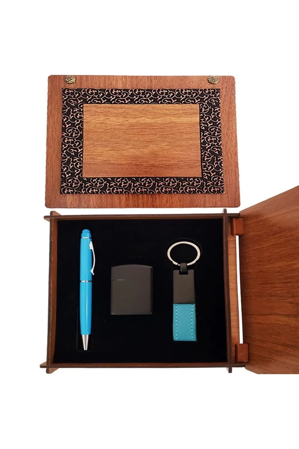 Ahşap Kutulu Çakmak ve Mavi Kalem Anahtarlık Set