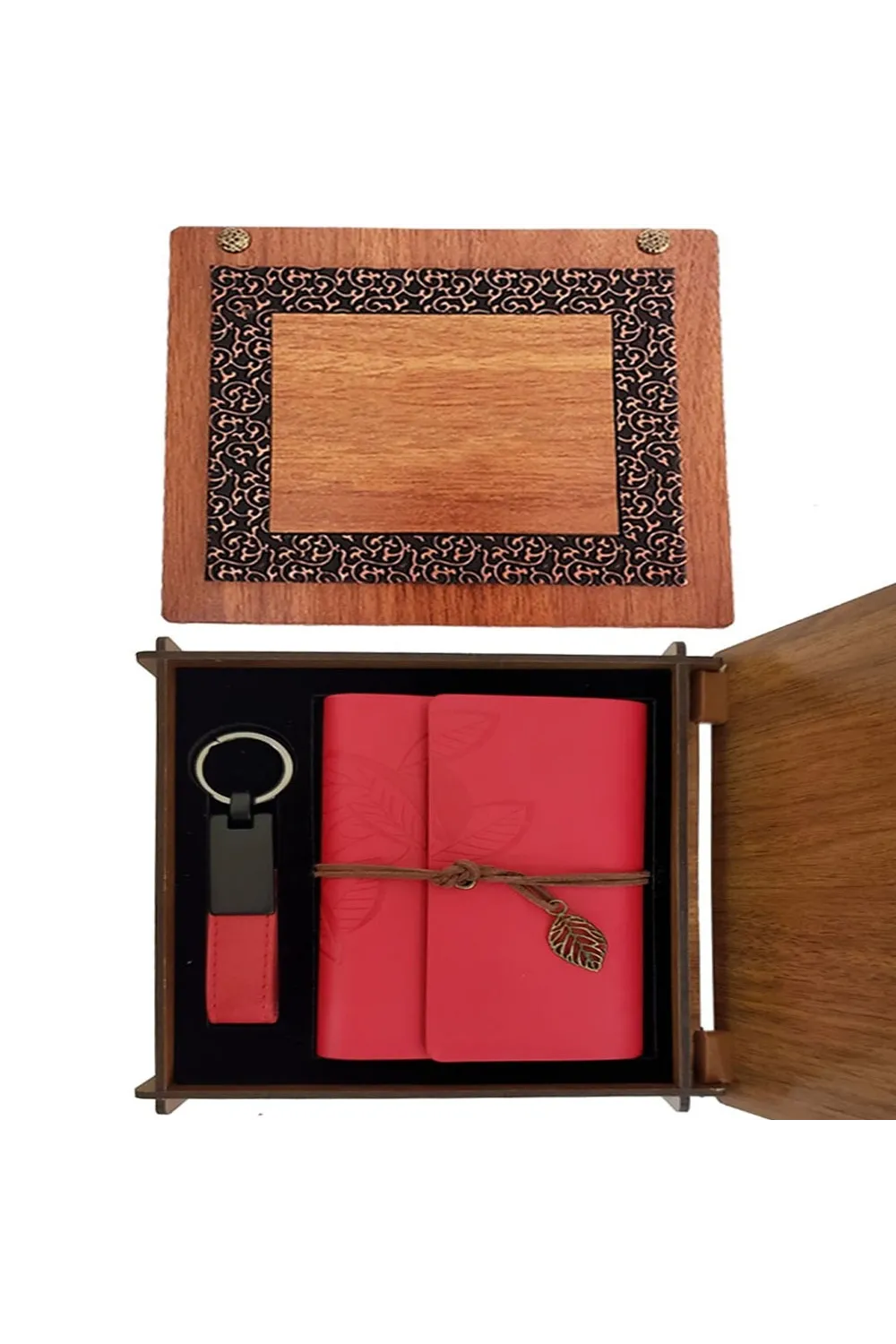 Ahşap Kutulu Kırmızı Deri Defter ve Anahtarlık Set