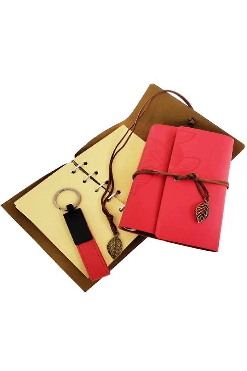 Ahşap Kutulu Kırmızı Deri Defter ve Anahtarlık Set