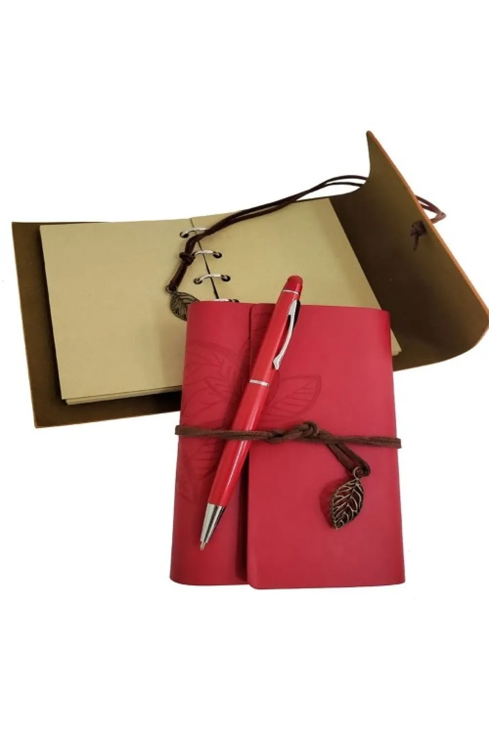 Ahşap Kutulu Kırmızı Deri Defter ve Metal Kalem Set