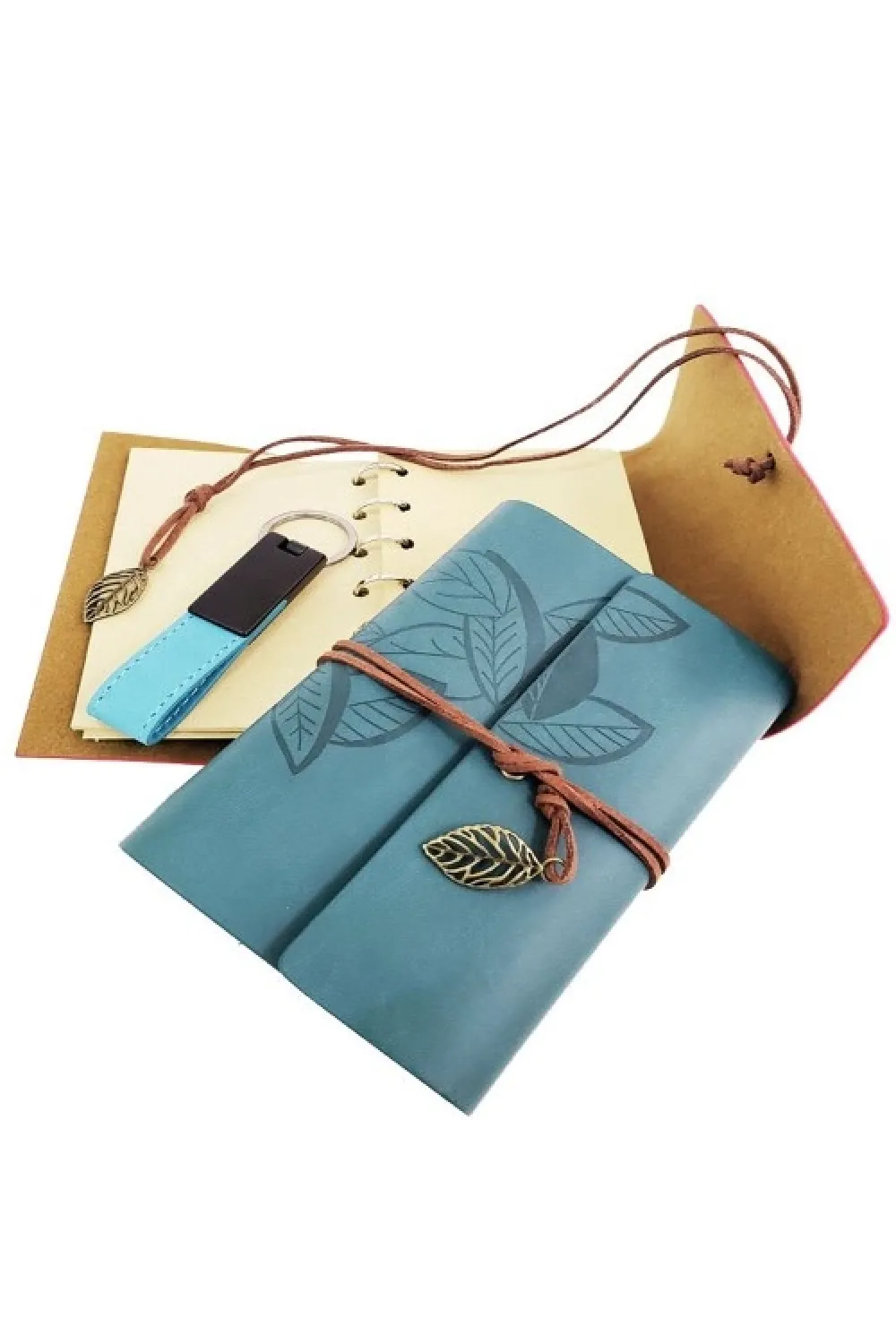 Ahşap Kutulu Mavi Deri Defter ve Anahtarlık Set