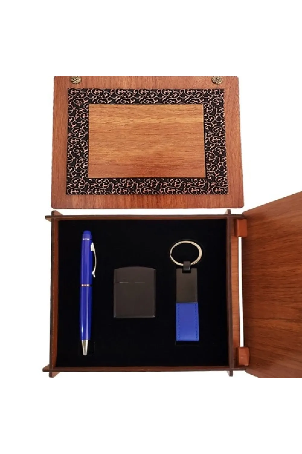 Ahşap Kutulu Mavi Kalem Anahtarlık ve Çakmak Set