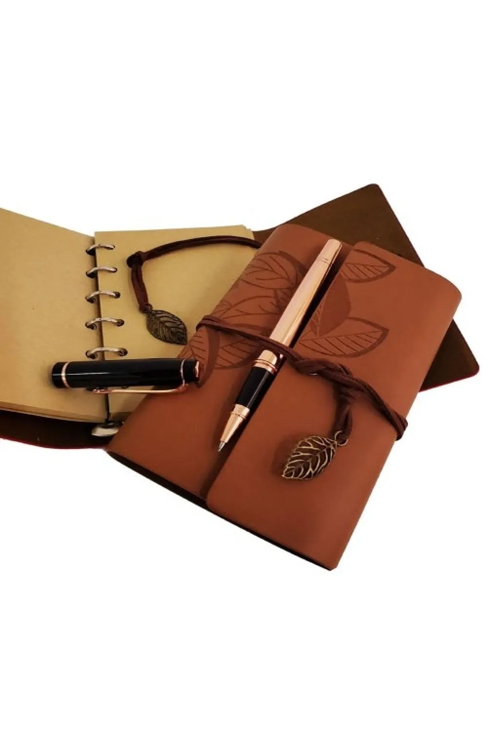 Ahşap Kutulu Taba Renk Deri Defter ve Kalem Set