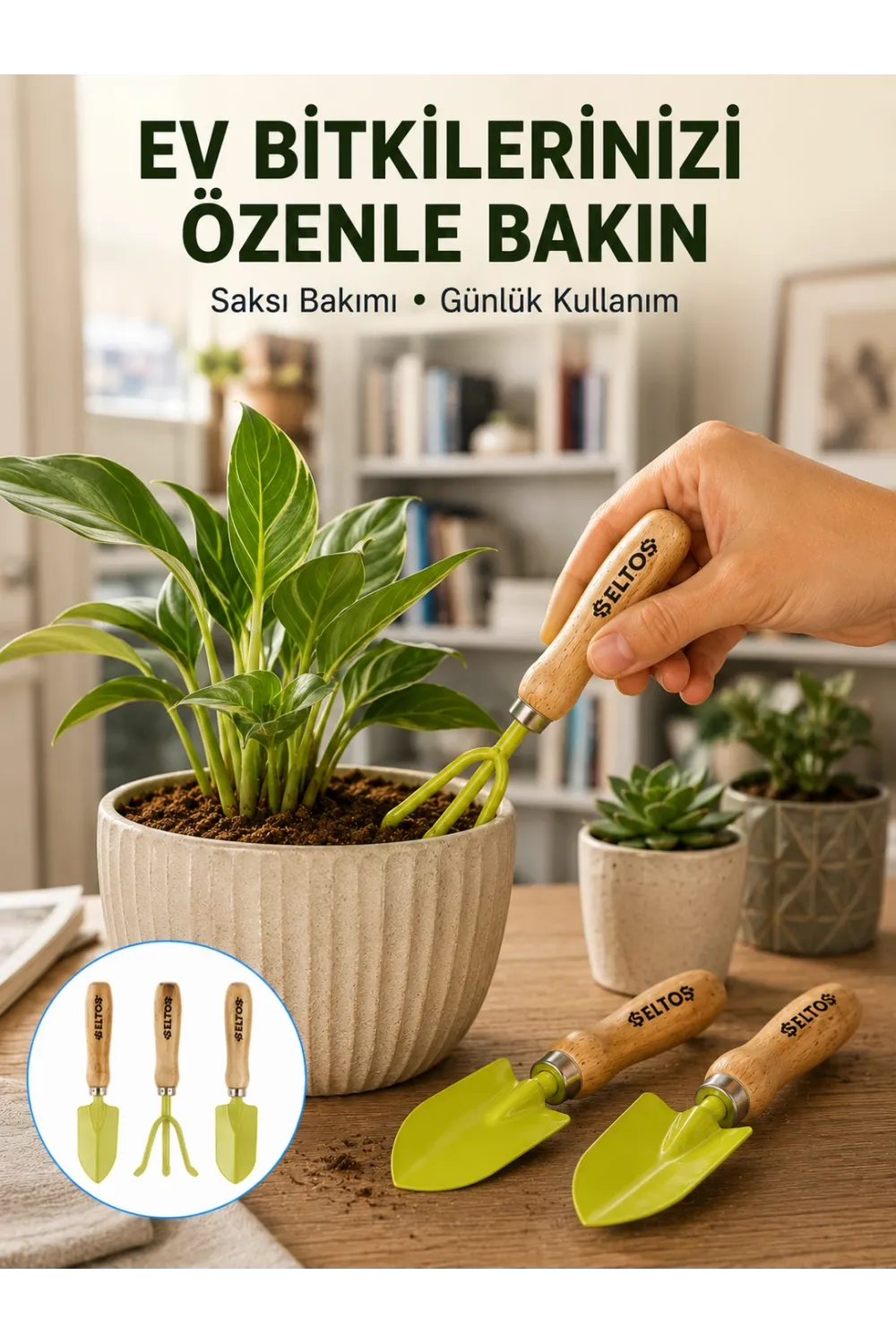 Ahşap Saplı Mini Bahçe El Aleti Seti Saksı Ve Çiçek Bakım Seti