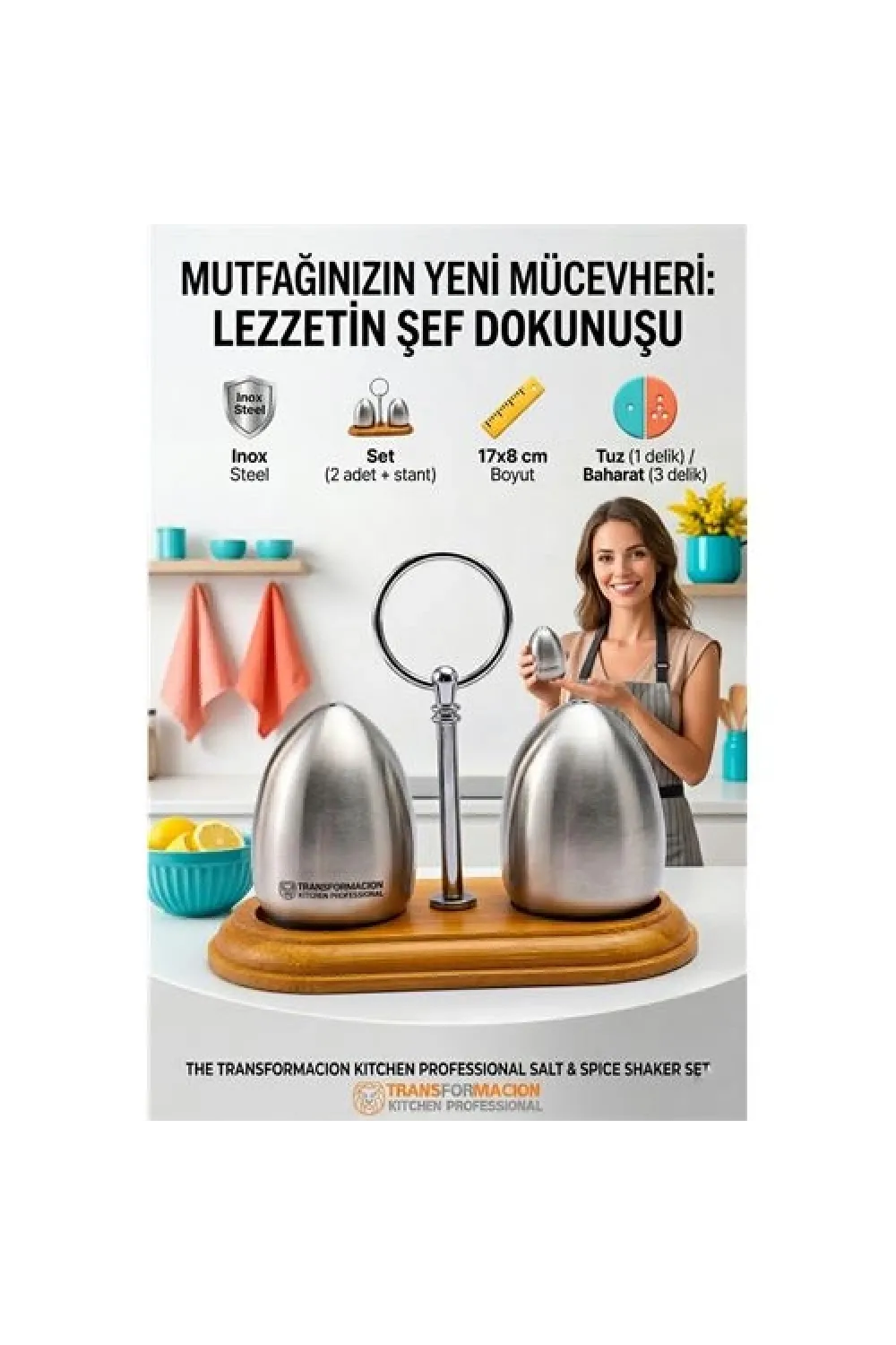Ahşap Standlı Inox Paslanmaz Çelik Yumurta Formlu Tuzluk Biberlik Seti 723146