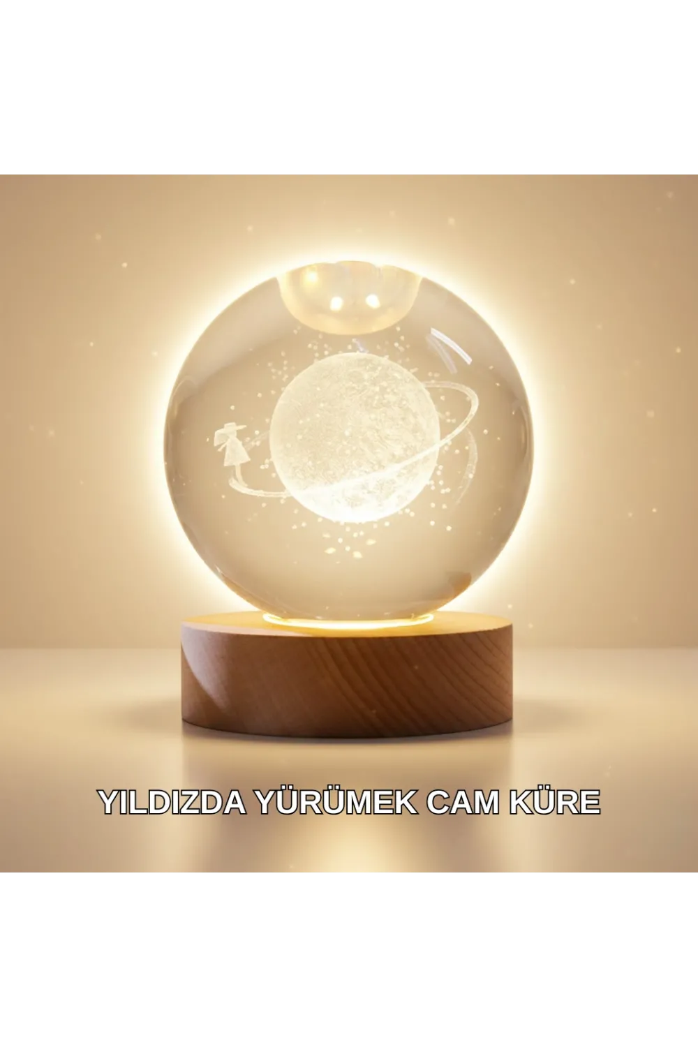 Ahşap Standlı Sarı Işıklı Dekoratif Küre Kız Figürü Tasarım