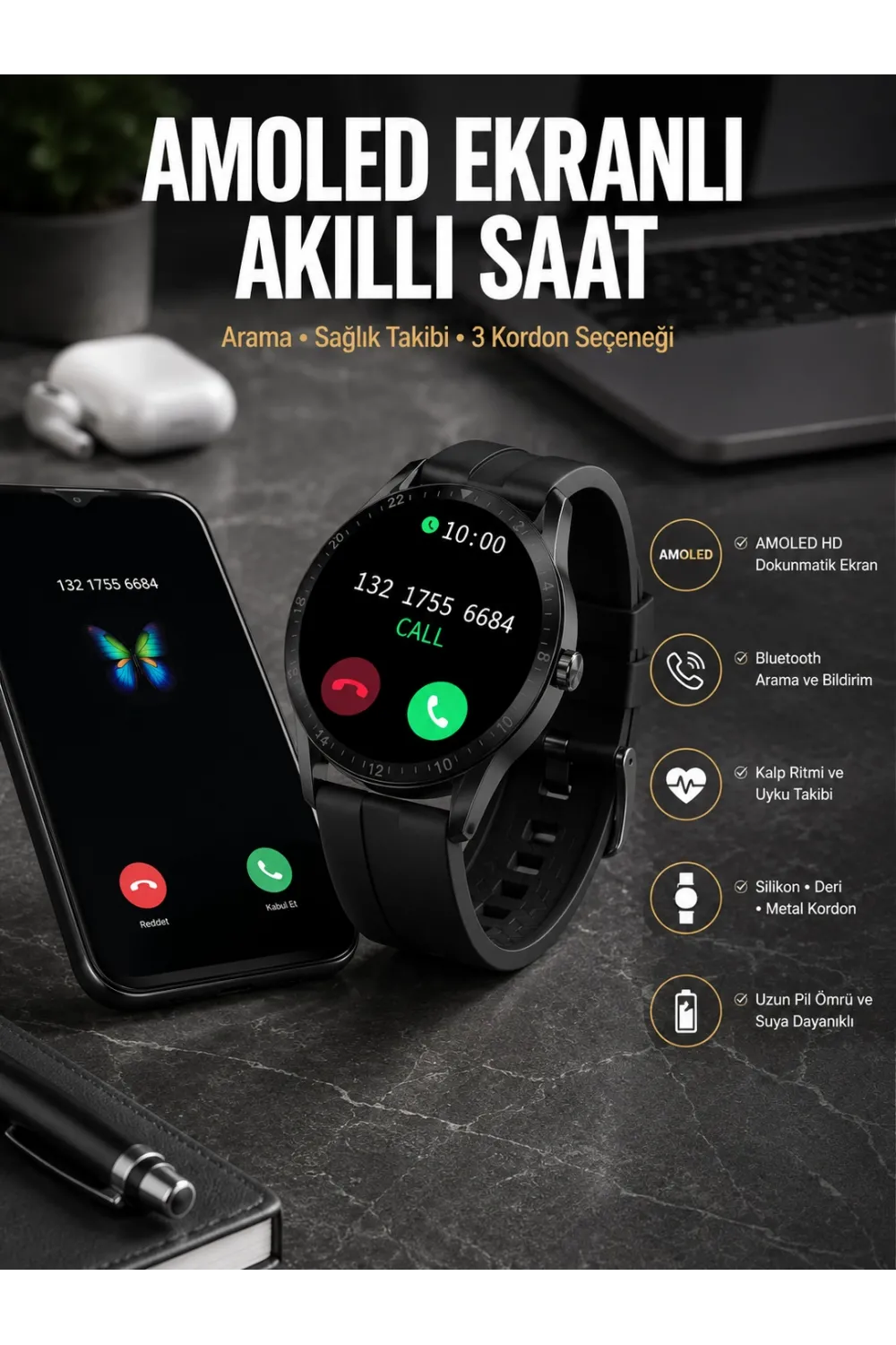 Akıllı Saat Amoled Ekran 3 Kordonlu Nfc Ve Gps Uyumlu