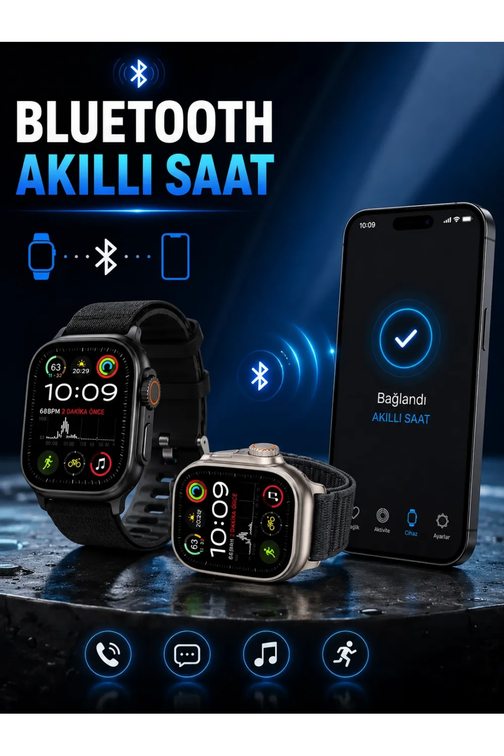Akıllı Saat Bluetooth Bağlantılı Adımsayar Alarm Ve Hatırlatıcı Çağrı Cevaplama