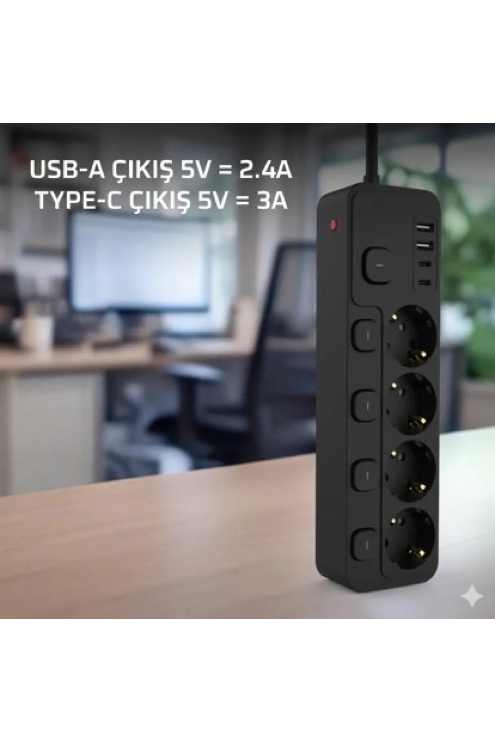 Akım Korumalı 4’lü Priz 2xusb 2xtype-c Çıkış Yüksek Gerilim Koruma Priz Çoğaltıcı