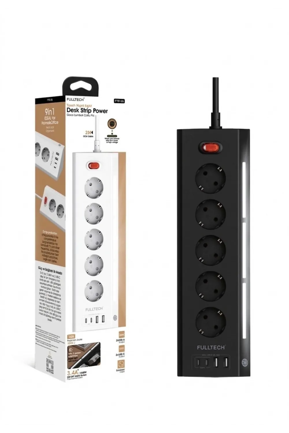 Akım Korumalı 5’li Priz 2xusb 2xtype-c Çıkış Dokunmatik Işıklı Akım Koruma Çoklu Priz Çoğaltıcı Siyah