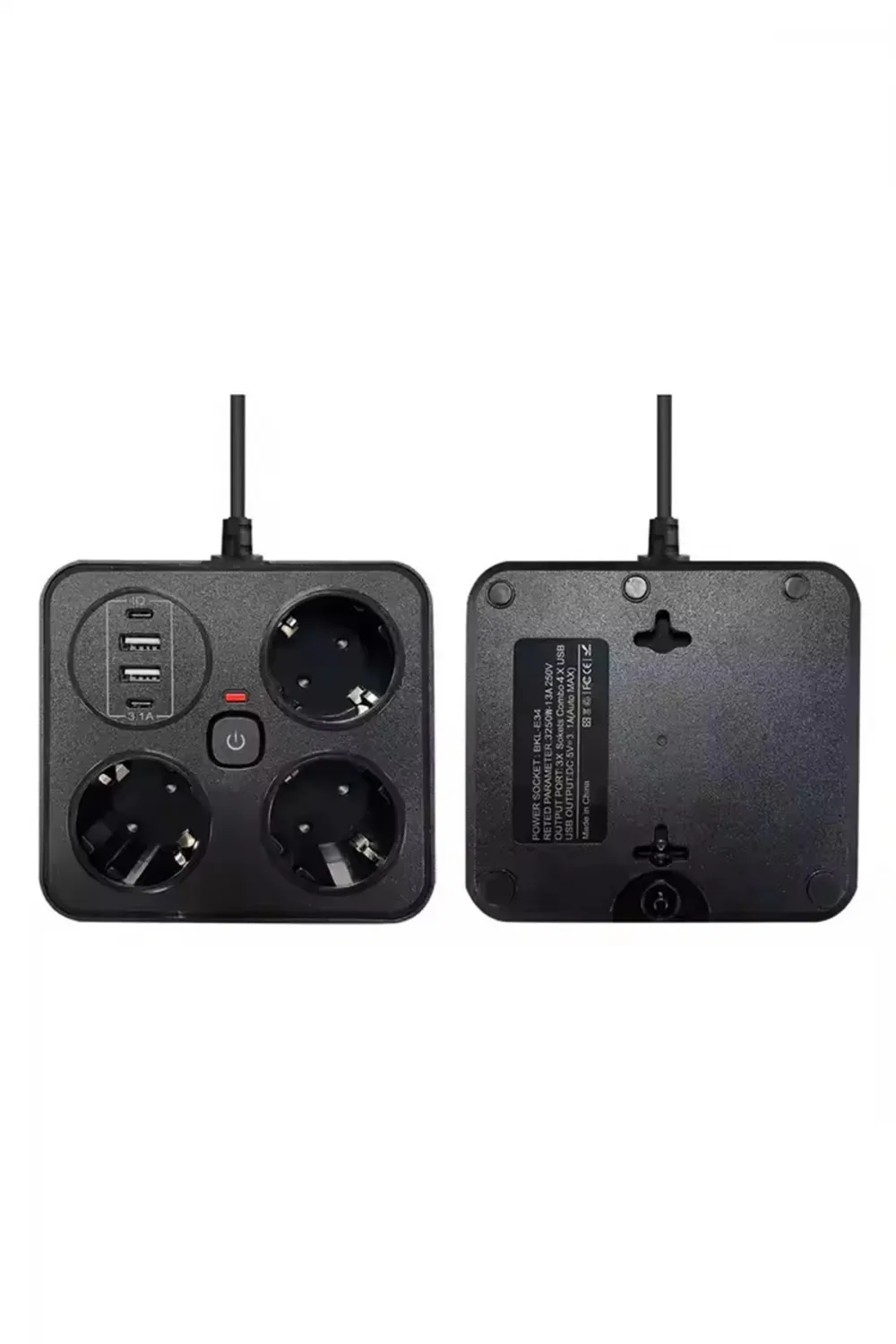 Akım Korumalı Anahtarlı Priz - 3x Priz - 2x Usb - 2x Type-c - 2 Mt Kablo Hızlı Şarj Özellikli Siyah
