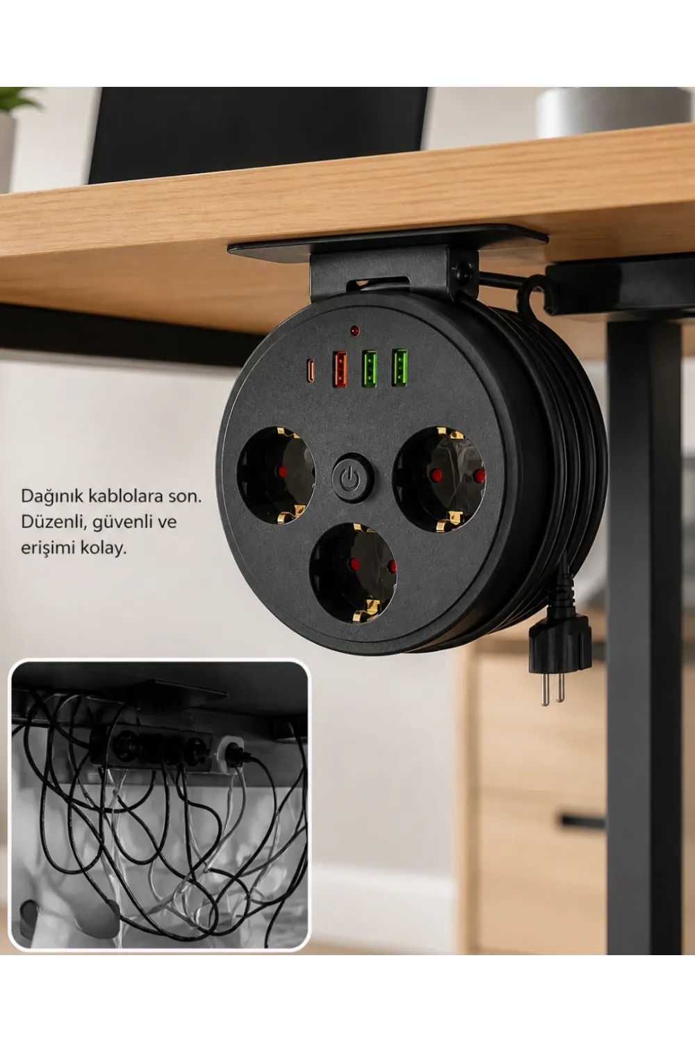 Akım Korumalı Priz Usb Ve Type C Girişli 3lü Priz 2 Metre Kablo Dayanıklı