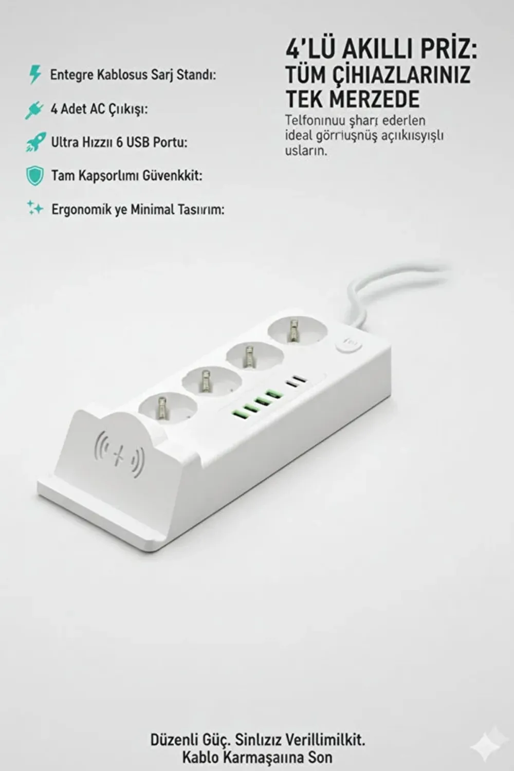 Akım Korumalı Priz Ve Masaüstü Şarj İstasyonu Kablosuz 4 Priz ,4 Usb, 2 Type-c Girişli 2 Metre