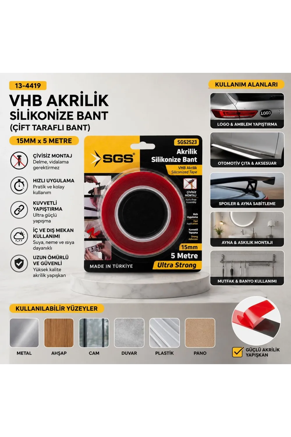 Akrilik Silikonize Çift Taraflı Bant (VHB) 15mm x 5yd