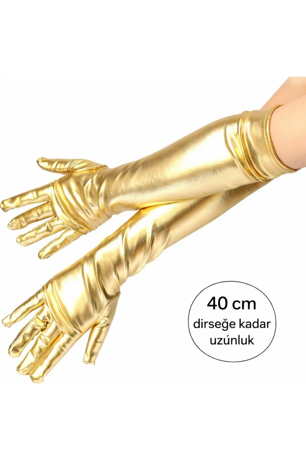 Altın Renk Dirsek Altı Lüks Saten Eldiven 40 Cm