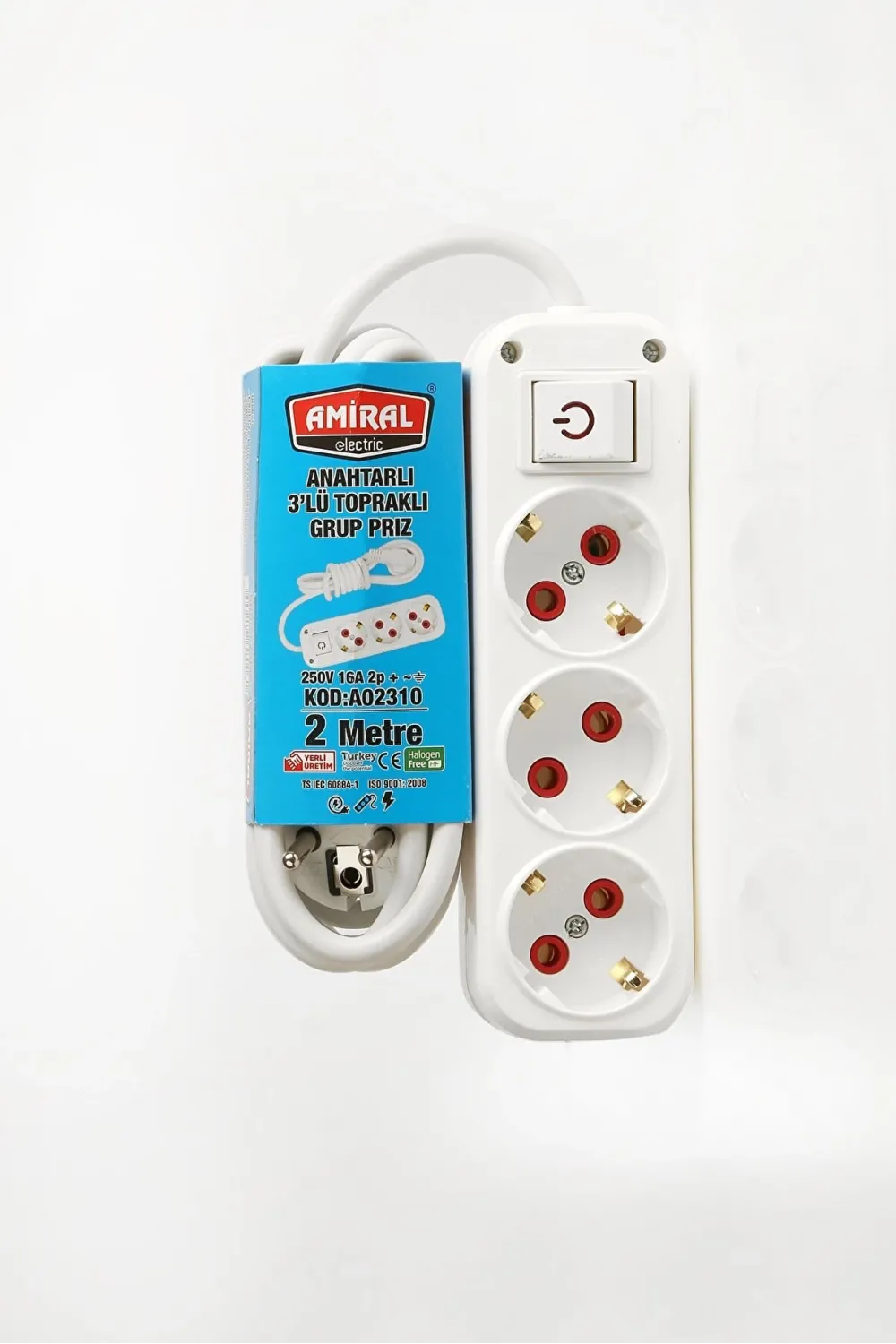 Amiral 3 Lü Topraklı Anahtarlı 2 Metre Kablolu Grup Priz