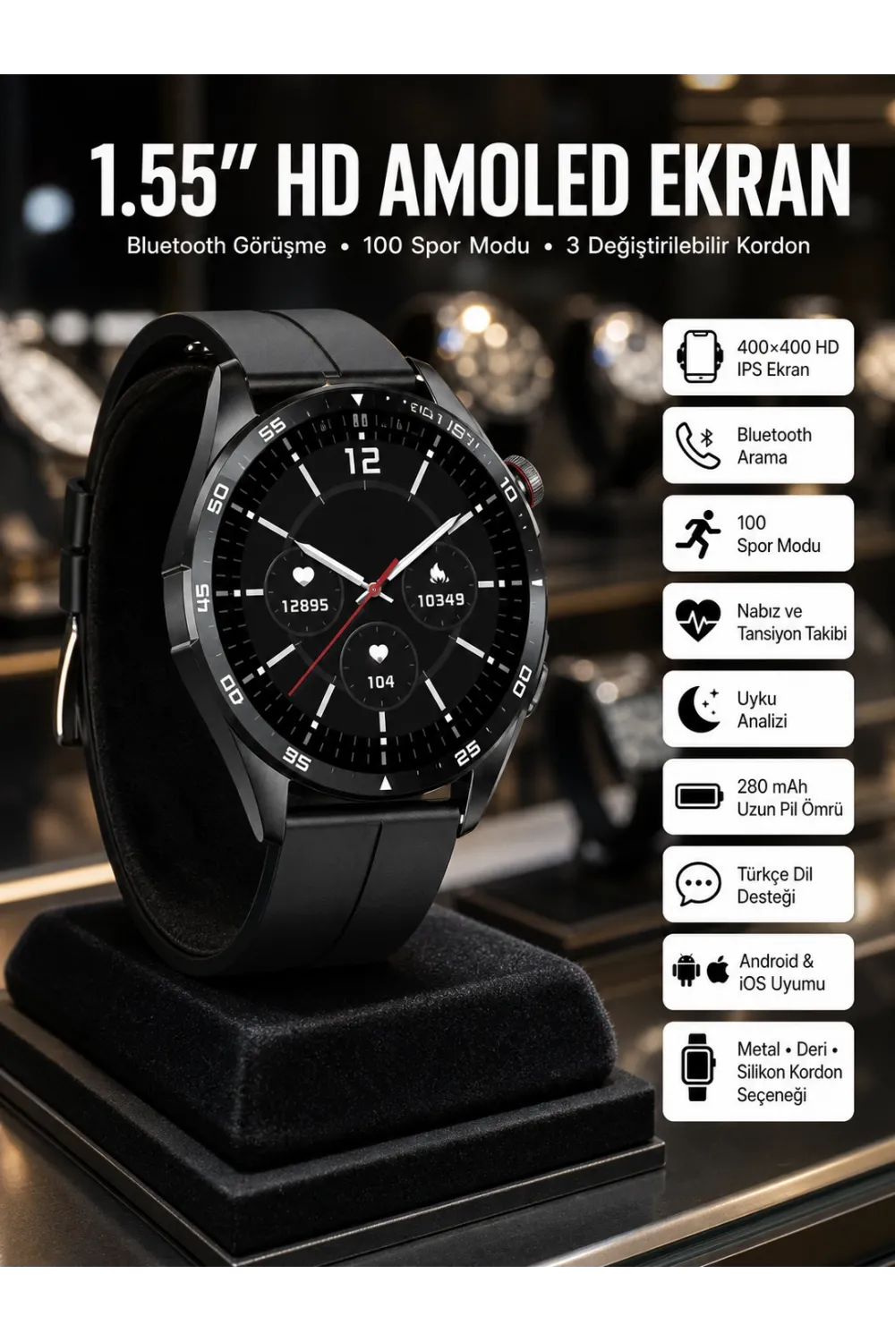 Amoled Ekran 3 Kordonlu Akıllı Saat 5.0 Bluetooth Bağlantılı Android Ve İos Uyumlu