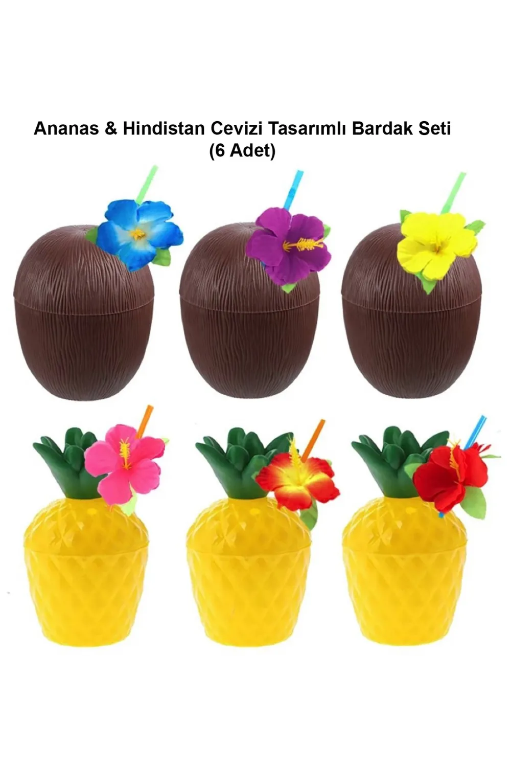 Ananas & Hindistan Cevizi Tasarımlı Pipetli Bardak Seti (6 Adet)