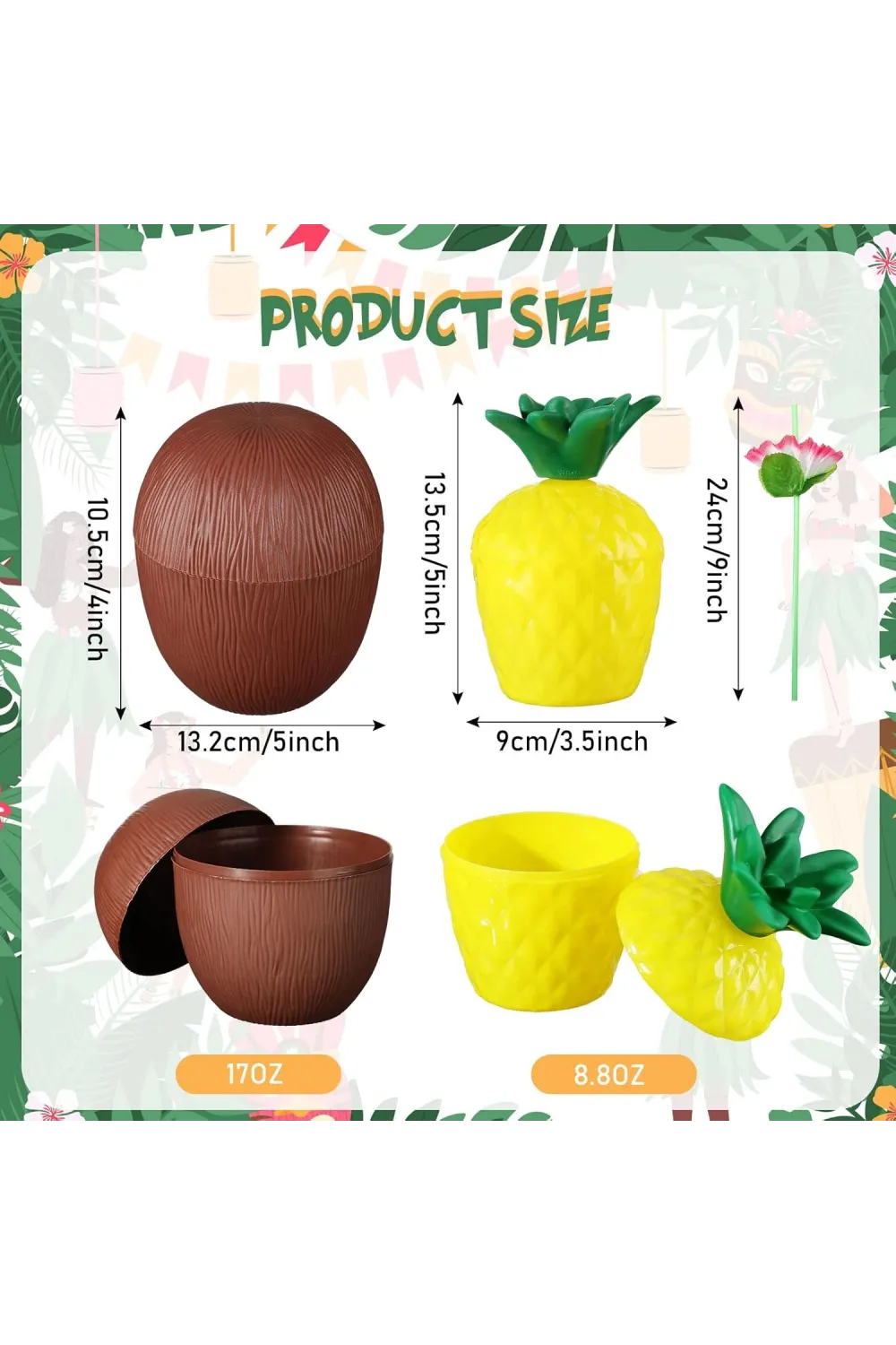 Ananas & Hindistan Cevizi Tasarımlı Pipetli Bardak Seti (6 Adet)