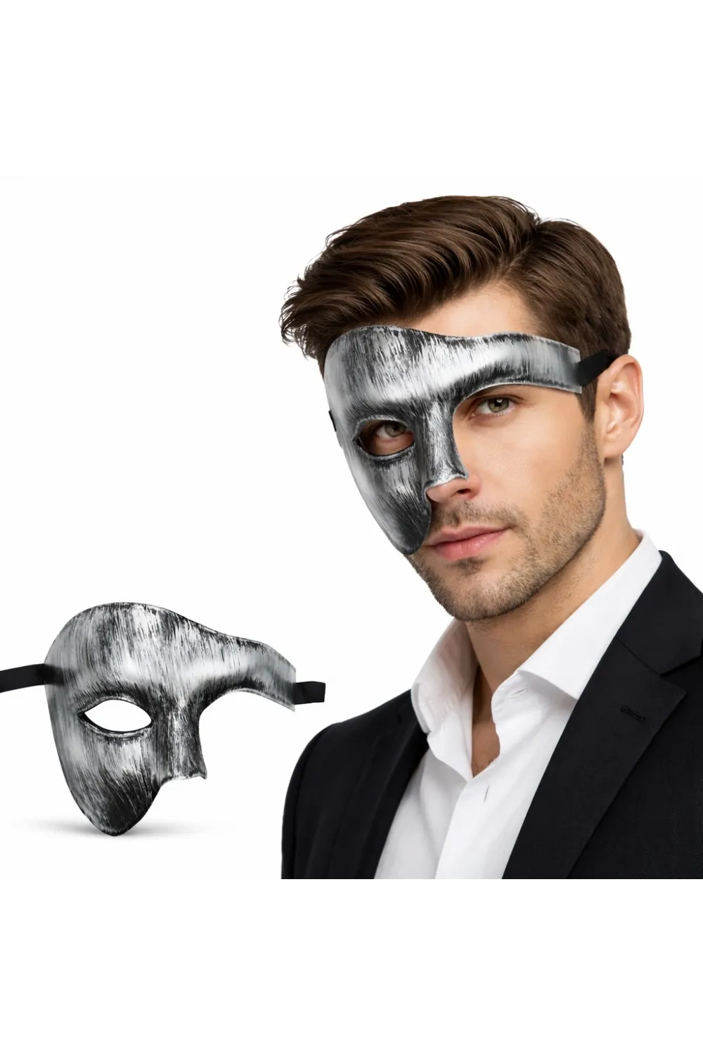Antik Eskitme Gümüş Erkek Yarım Maske - Phantom & Balo Maskesi