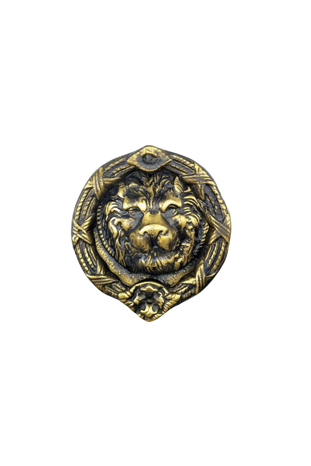 Antika Tarz Dekoratif Pirinç Aslan Kapı Tokmağı, Taktak - 185 mm, Antik