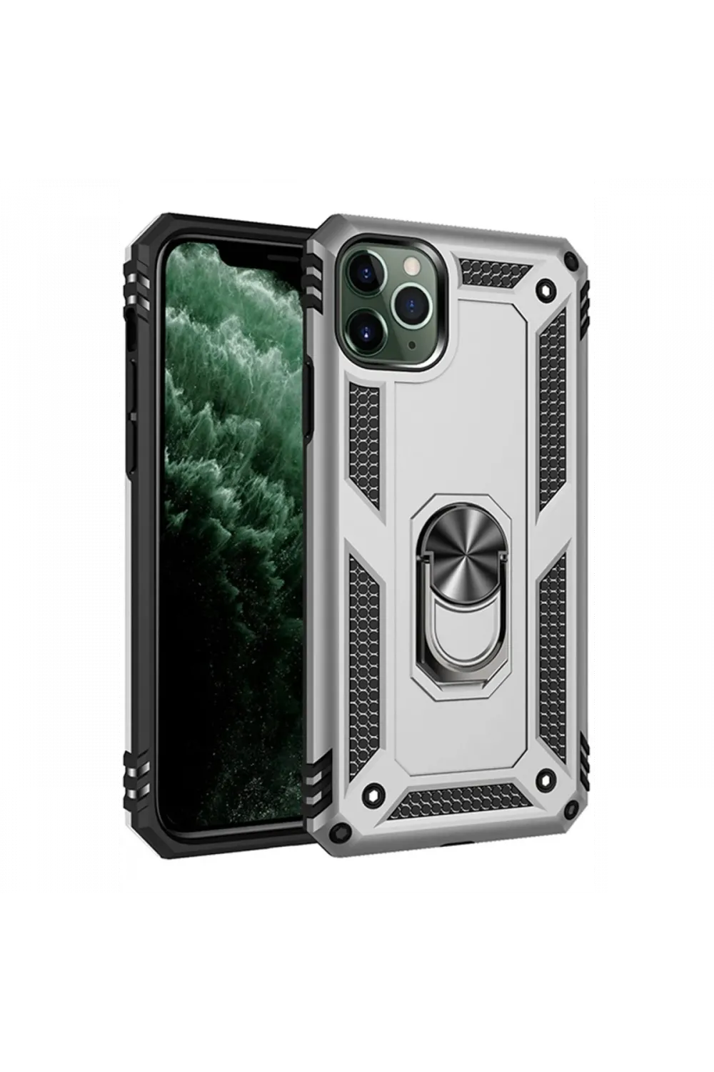 Apple iPhone 11 Pro Max Kılıf Sofya Yüzüklü Silikon Kapak - Gümüş