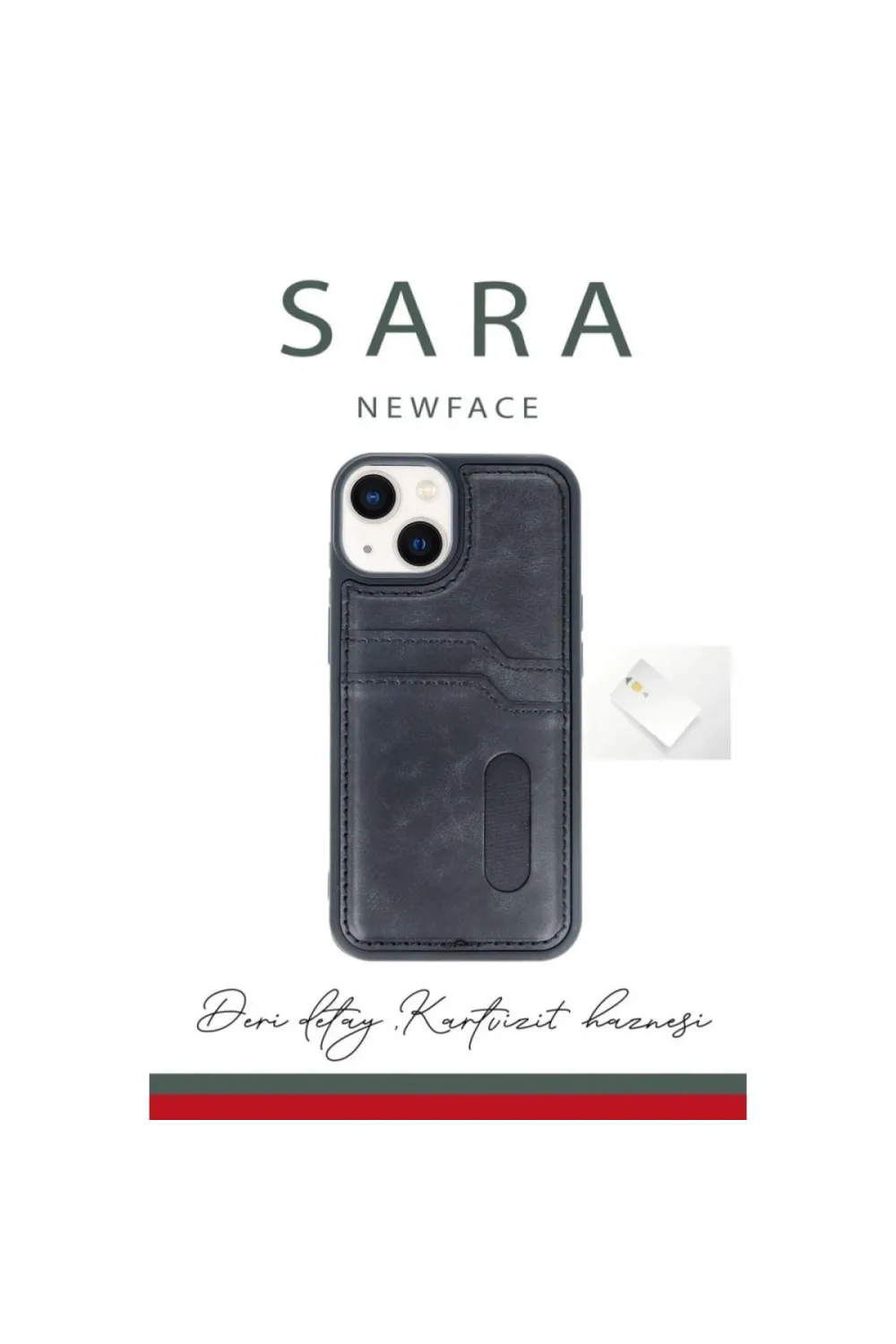 Apple İphone 15 Sara Kartvizitli Deri Kılıf - Lacivert