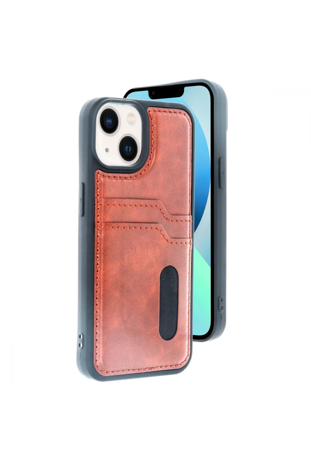Apple İphone 15 Sara Kartvizitli Deri Kılıf - Taba