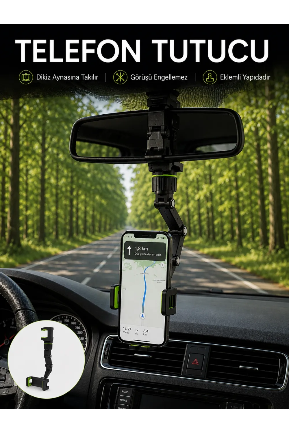 Araç İçi Dikiz Aynası Telefon Tutucu 360° Dönebilen Katlanabilir