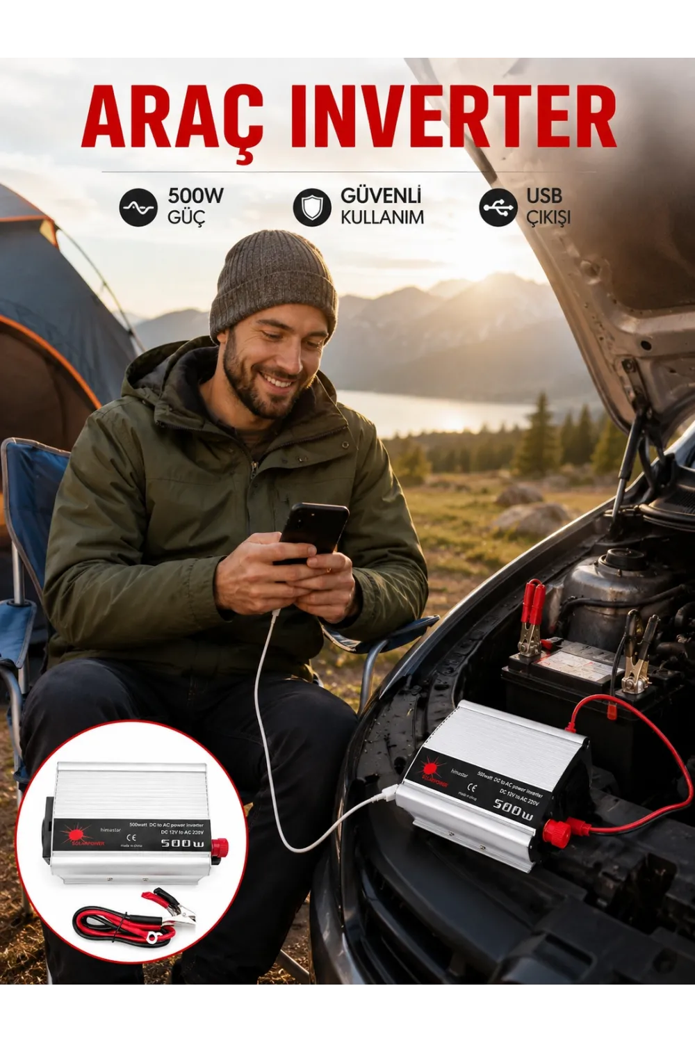 Araç İçi Elektrik Dönüştürücü 500w Priz İnvertör