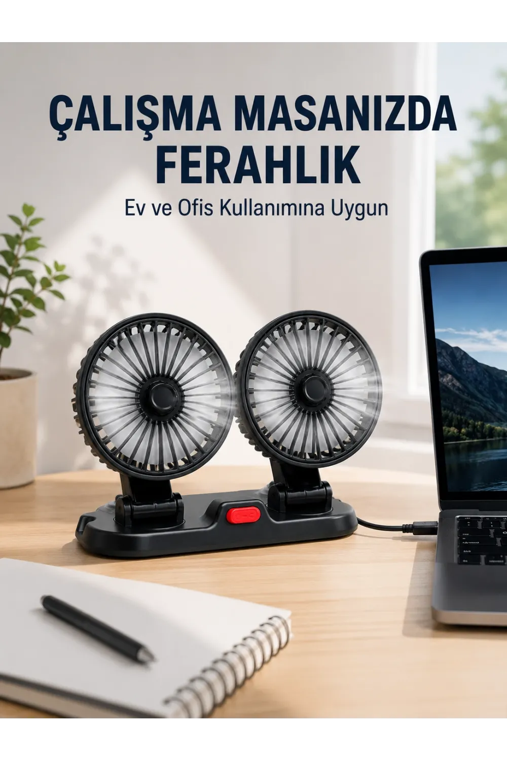 Araç Ve Ev Kullanımına Uygun Çift Başlıklı Masaüstü Vantilatör
