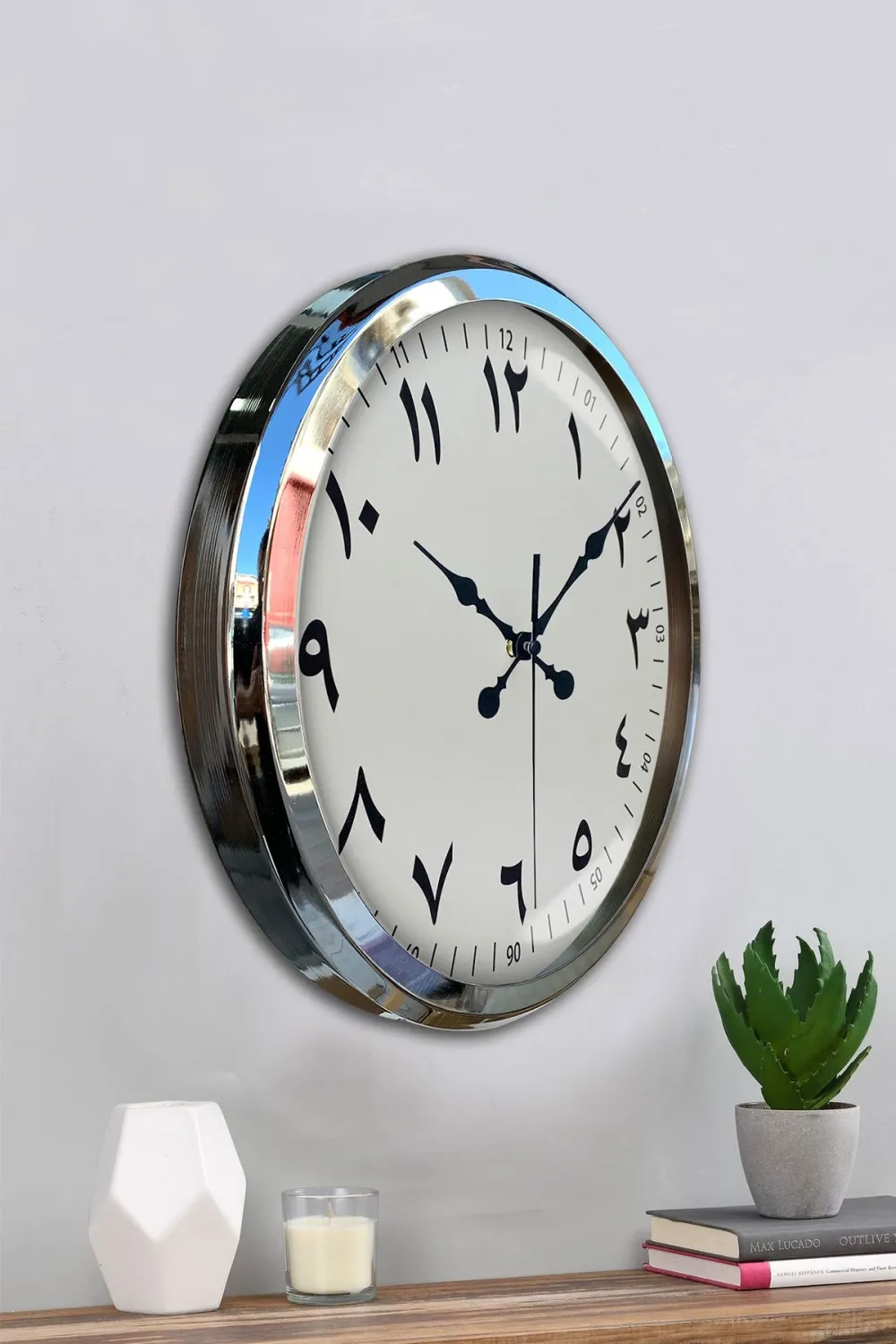 Arapça Rakamlı Krom 52 Cm Metal Duvar Saati